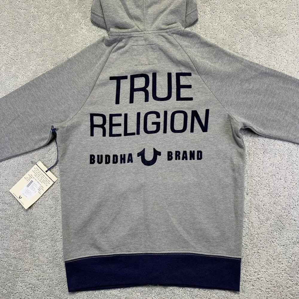 True Religion Hoodie Size Small Gray Navy Zip Up Sweatshirt Buddha‎ Brand NWT